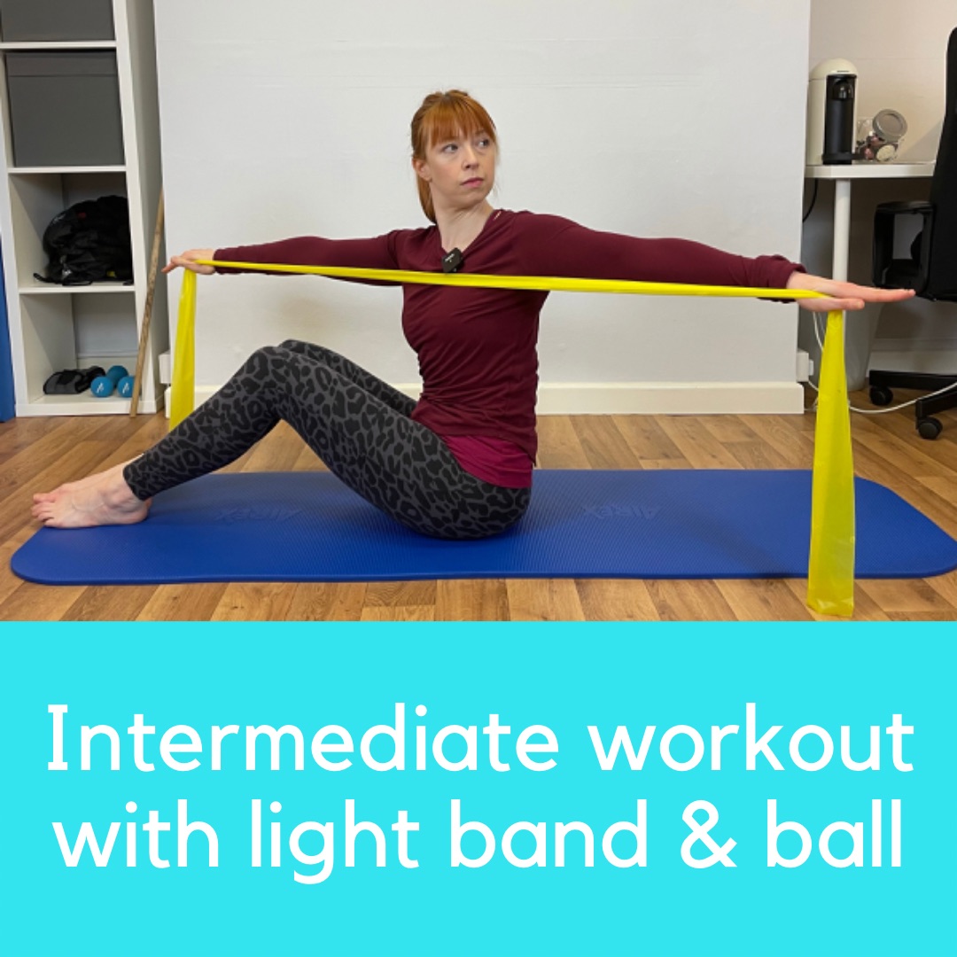 Intermediate workout with light band & ball – 37 mins